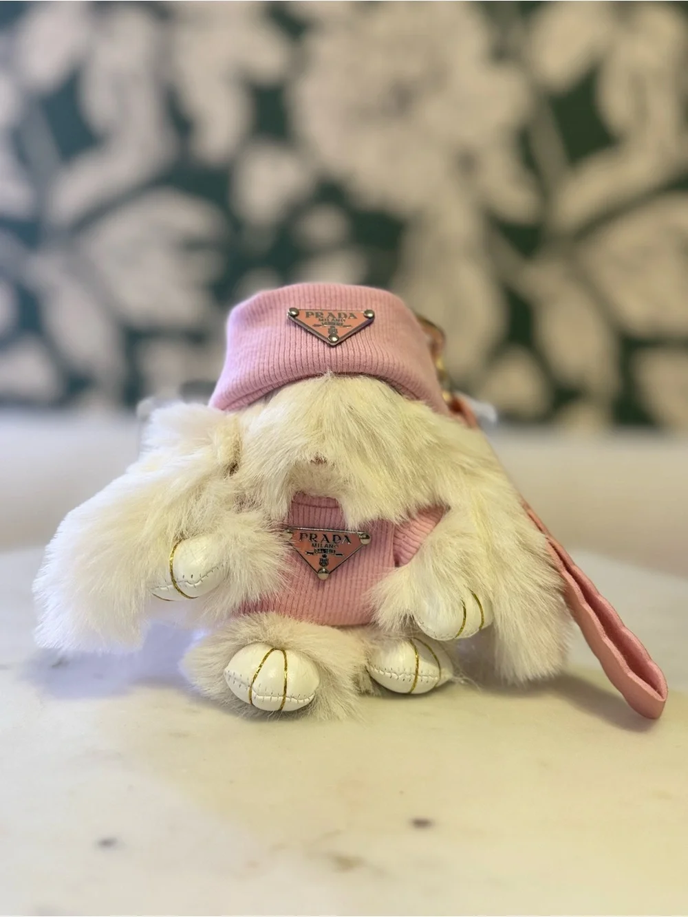 Fashion Furry Bunny Bag Charm with Logo Dress, Bow & Wristlet Strap